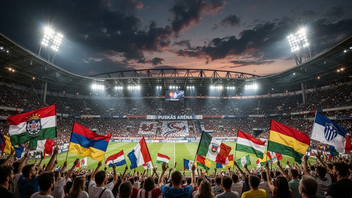Puskás Aréna stadium at night packed with fans waving team flags under floodlights and dramatic sky.
