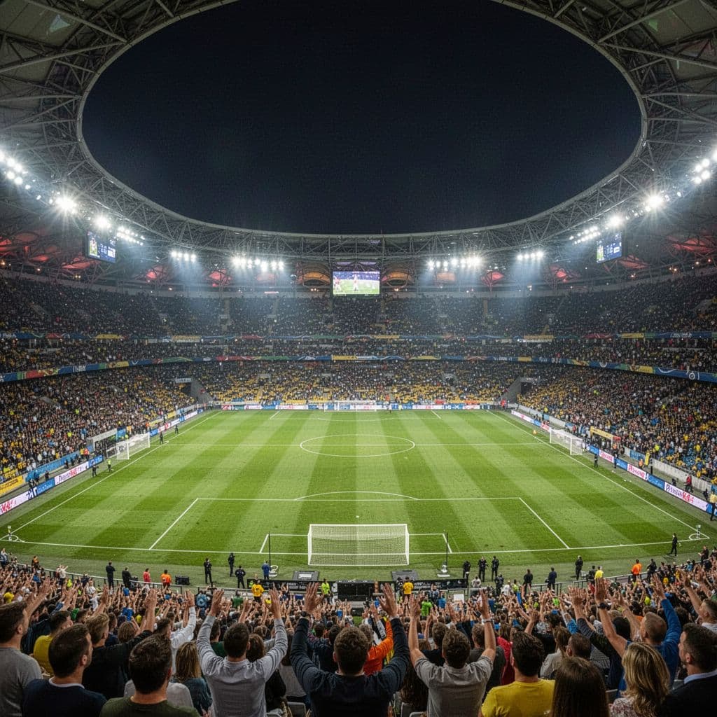 An illuminated Puskas Arena in Budapest filled with spectators during a night football final.