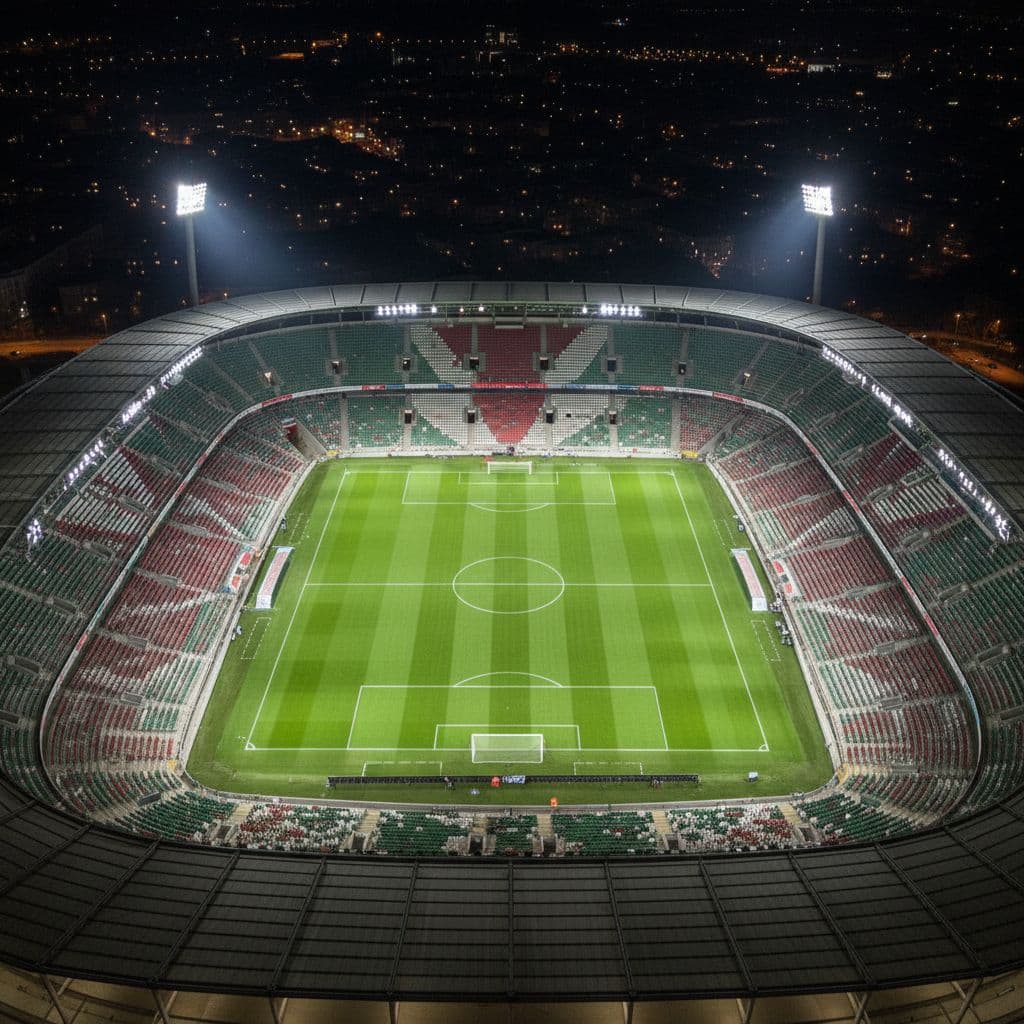 A wide aerial shot captures the Puskás Aréna at night, with powerful stadium floodlights illuminating the pristine emerald grass field. The vast architectural structure glows brilliantly against the surrounding dark cityscape.