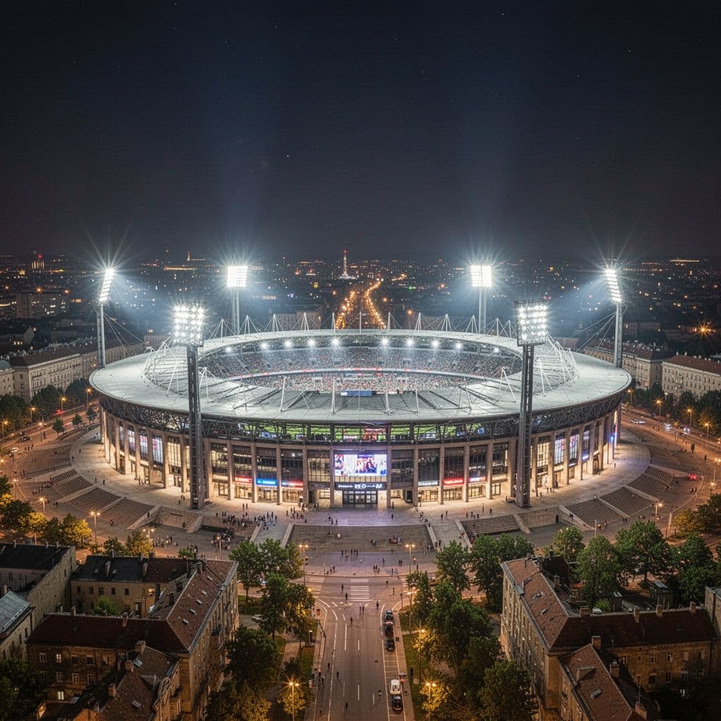 A sweeping wide-angle view captures the Puskas Arena in Budapest glowing under the night sky. The massive circular stadium structure shines with brilliant golden lights against the dark urban backdrop.