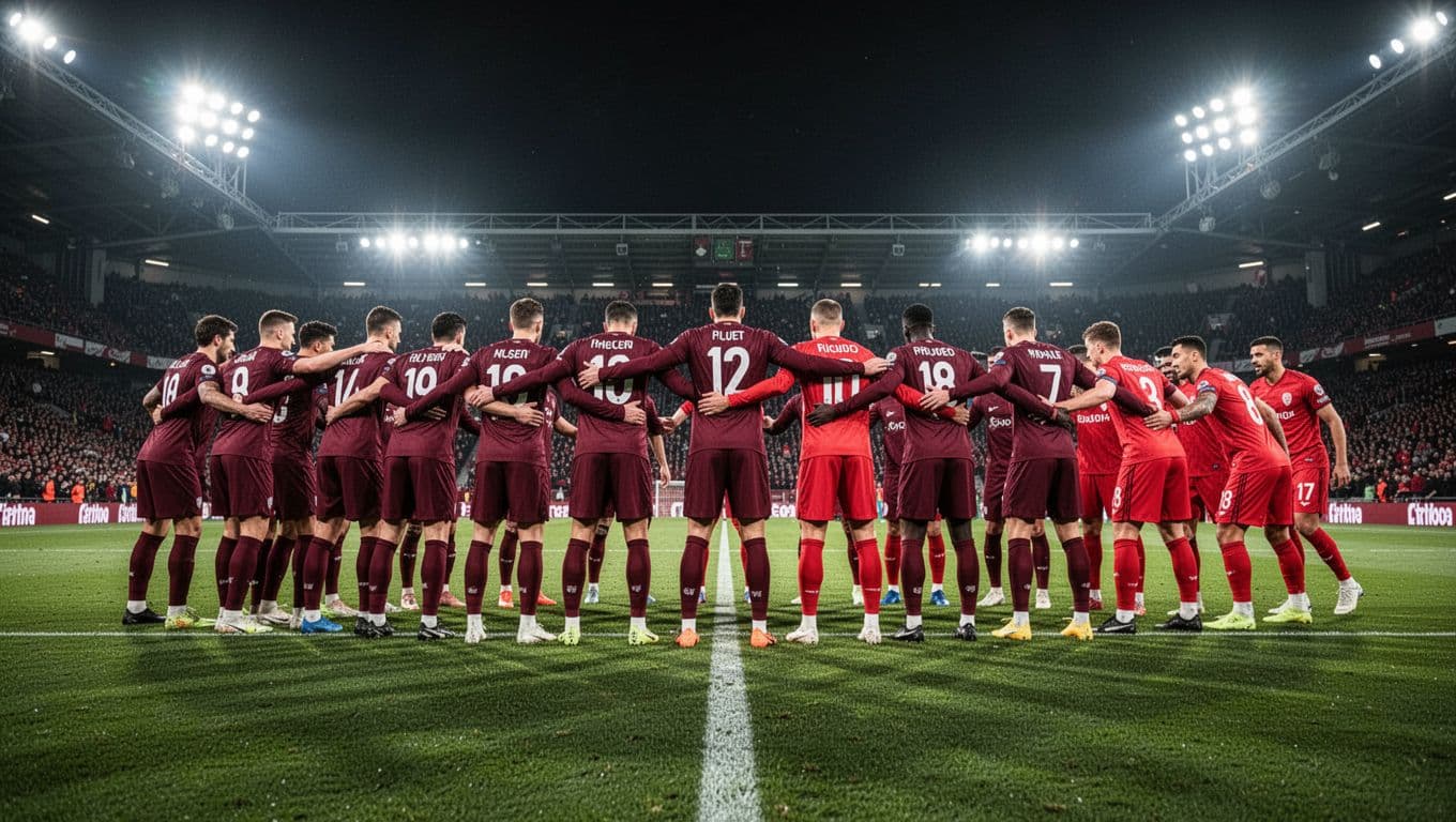 A line of maroon-shirted players forms a tight defensive wall against advancing opponents in red jerseys. Intense stadium floodlights illuminate the grass under the dark evening sky during this competitive match.