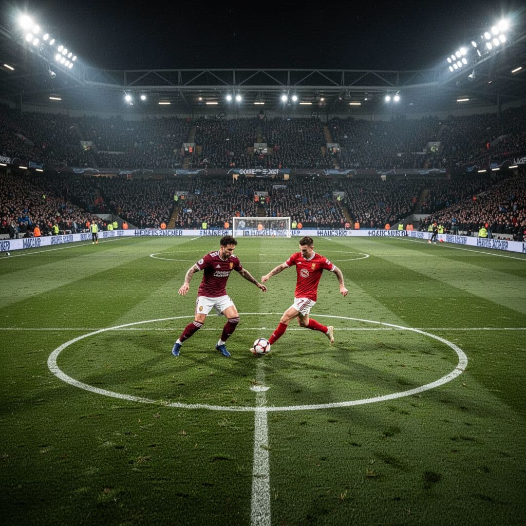 Two athletes in red and maroon jerseys compete for control of the ball at the center circle. Vivid stadium floodlights illuminate the lush green grass during an intense evening competition.