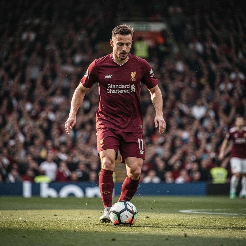 A professional football player in a maroon jersey stands calmly with the ball inside a stadium.