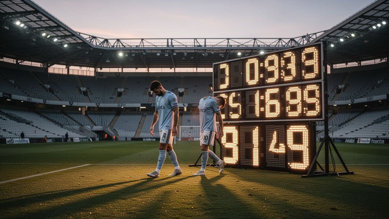 Scoreboard shows Racing d'Abidjan 1-2 loss with two dejected players walking off empty stadium field in evening light.
