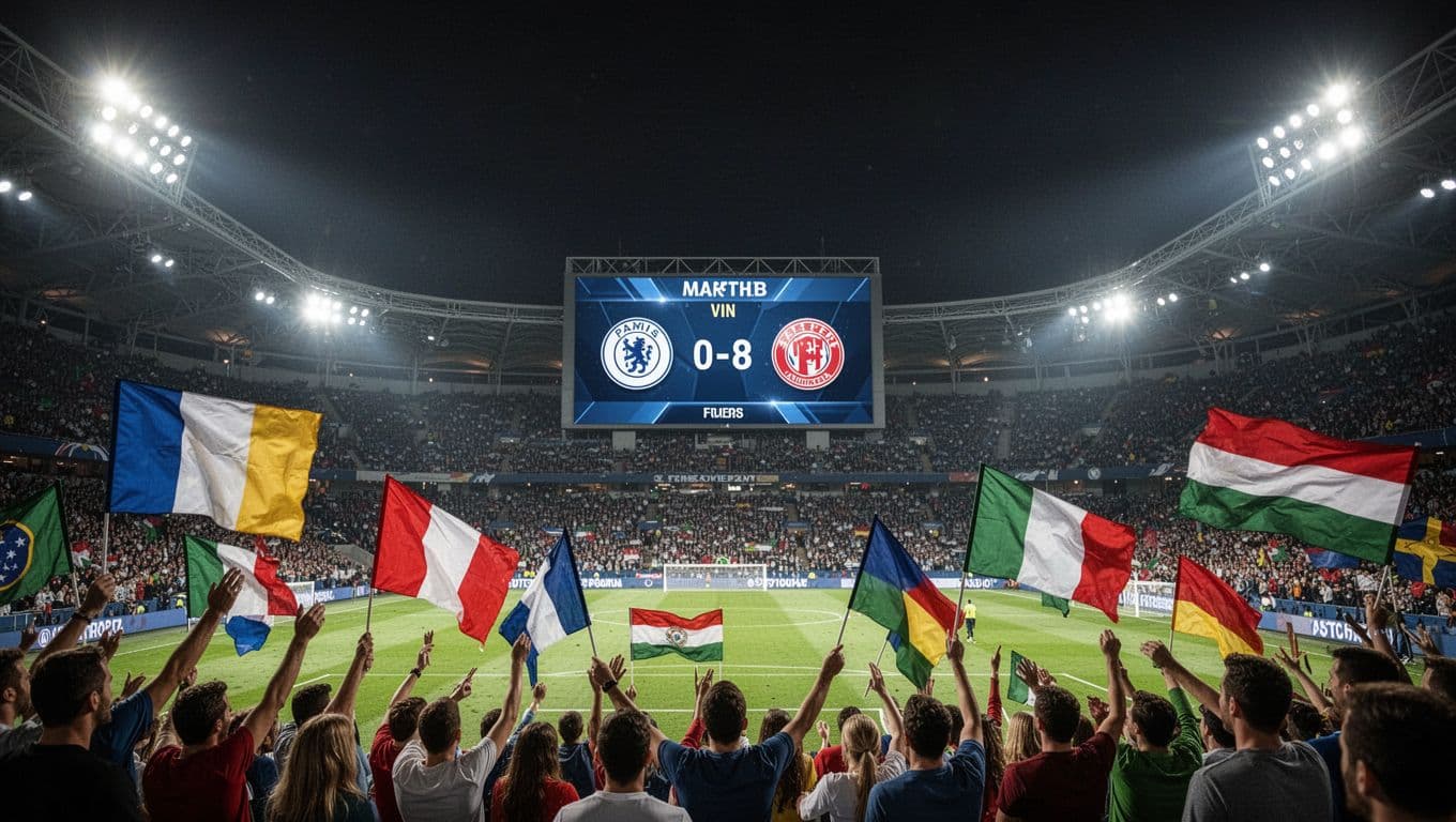 Soccer scoreboard shows 3-2 win for Racing d'Abidjan, excited fans wave flags in night stadium background.