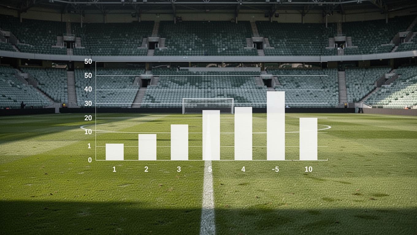 Simple bar graph showing about one goal per match on green soccer field background with stadium seats.