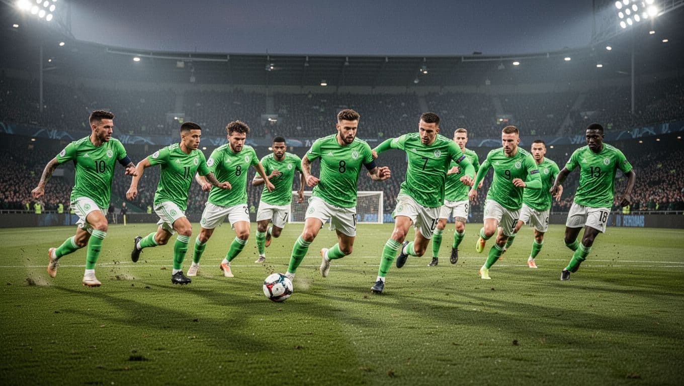 Eleven players in green jerseys defend and counterattack on evening-lit stadium pitch.