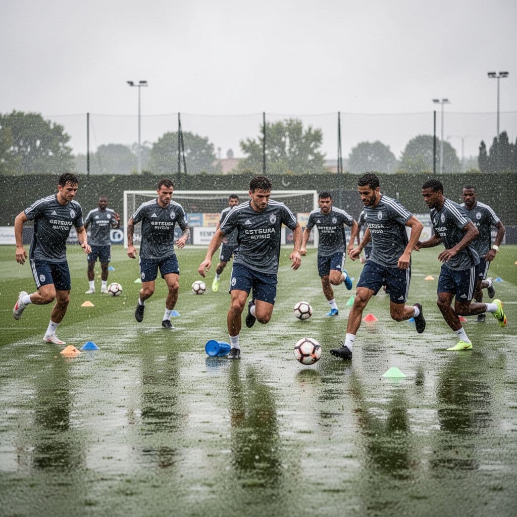 Soccer team trains intensely on wet pitch during rainy overcast day.