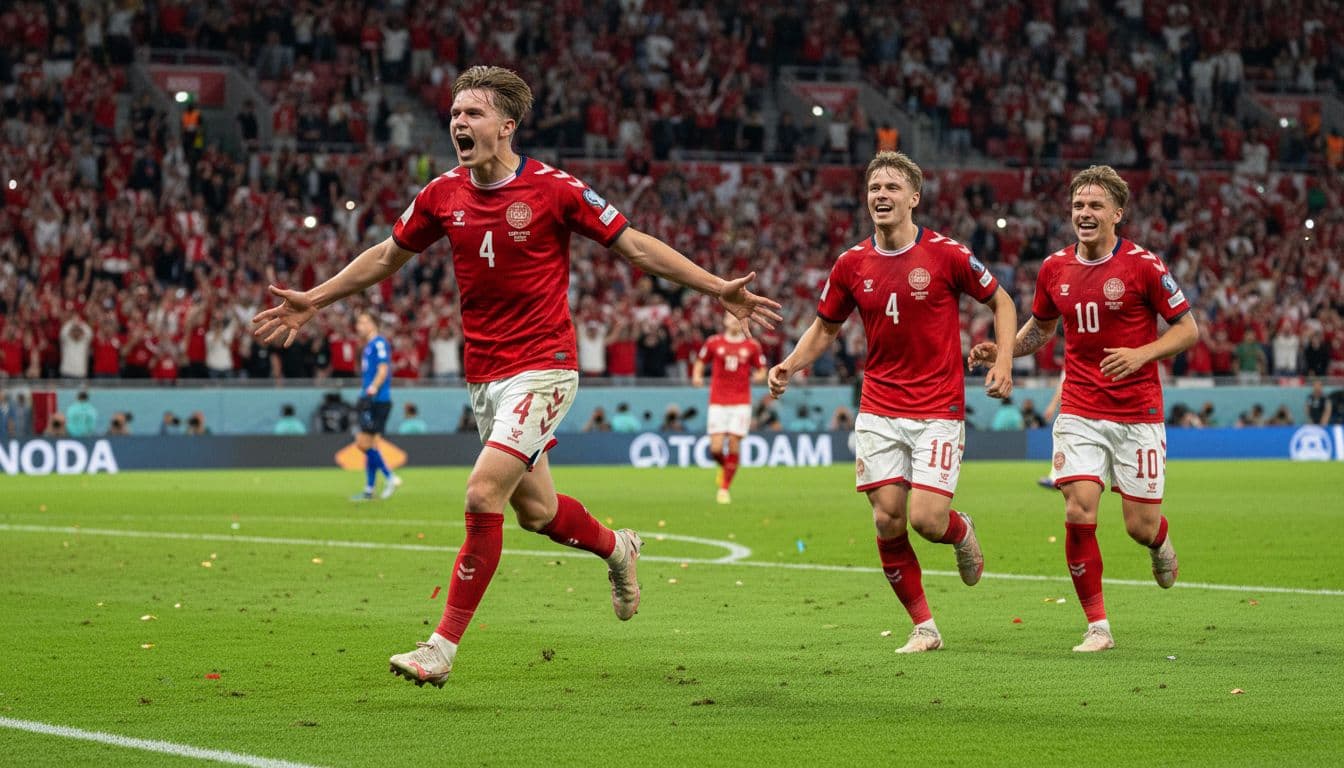 Rasmus Hojlund in Danish national team red jersey celebrates a goal on green pitch during World Cup qualifier, joined by teammates Joachim Andersen and Mikkel Damsgaard, stadium fans under evening floodlights.
