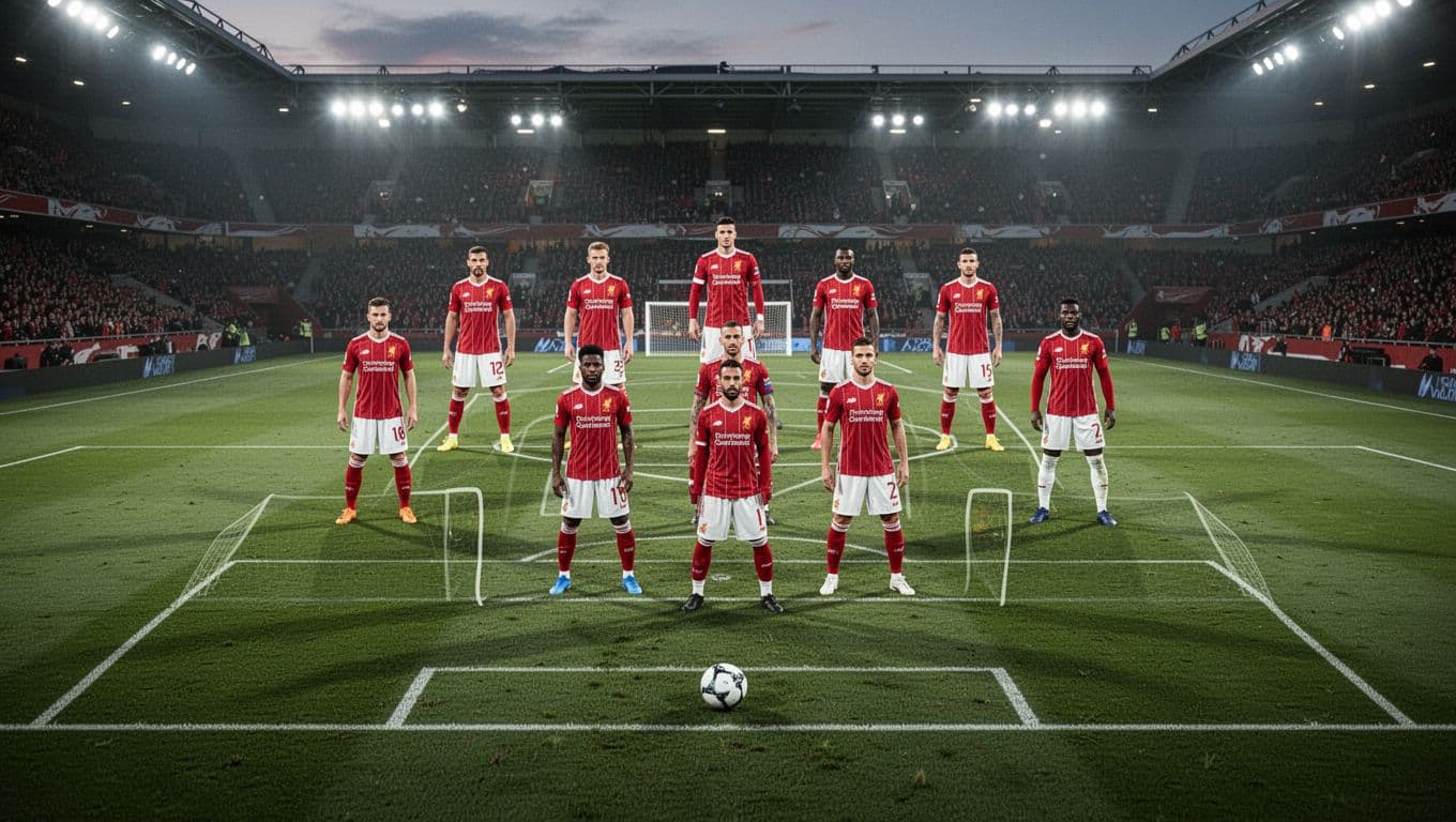 RB Leipzig players in red-white kits arranged in 4-2-3-1 formation on green stadium pitch under evening lights.