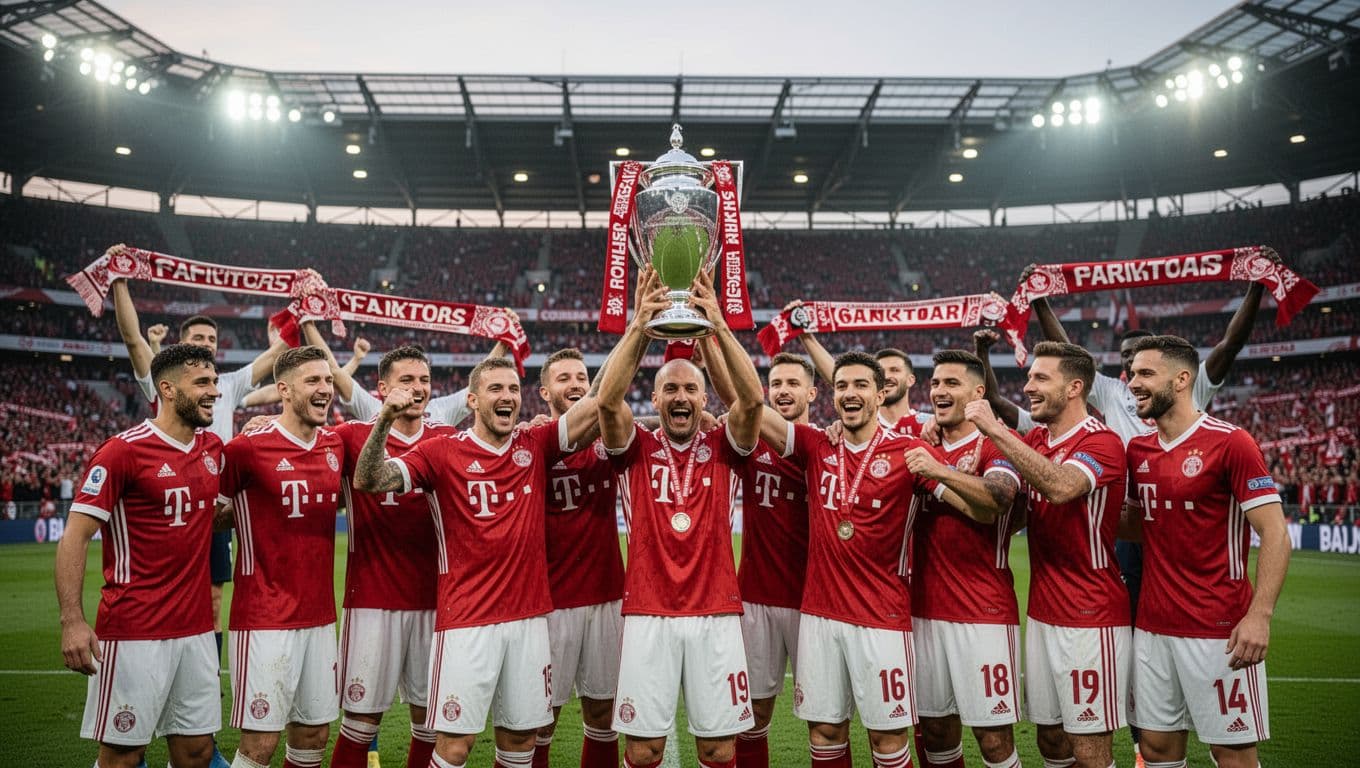 Eleven RB Leipzig players and coach celebrate Bundesliga trophy in modern stadium under evening floodlights, fans with red-white scarves in background.
