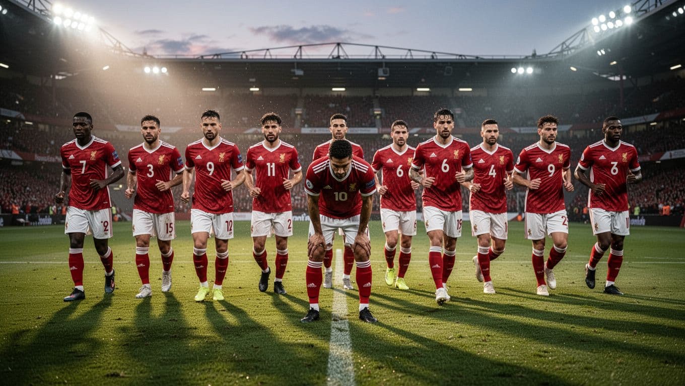 RB Leipzig players in red-white kits look exhausted on green pitch under floodlights, sweat on faces, one bending with hands on knees.