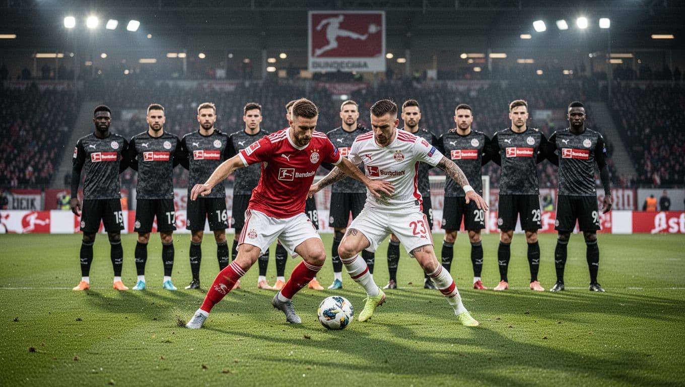 RB Leipzig players in red-white kits press high against Bayern Munich on evening-lit Bundesliga pitch, with two foreground pressers and organized defenders.