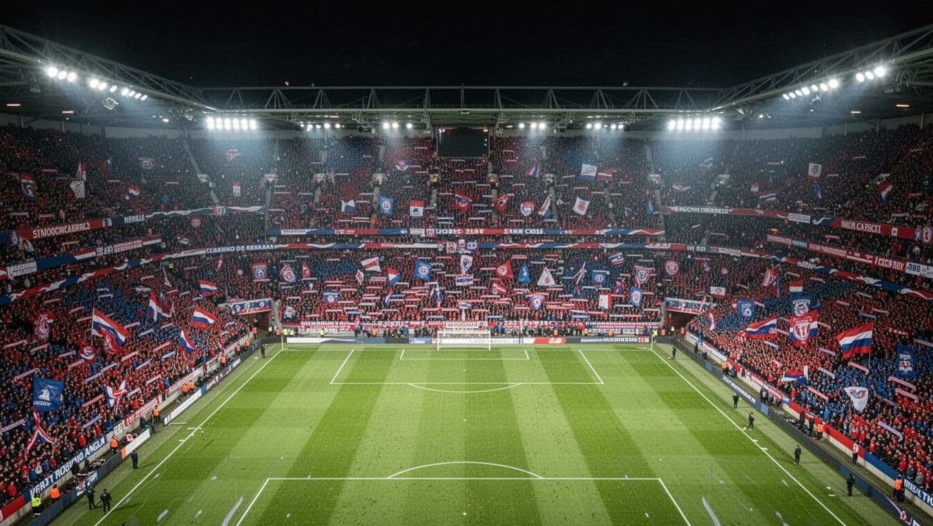 Aerial view of Stade Bollaert-Delelis stadium packed with RC Lens fans in red and blue waving scarves under floodlights.