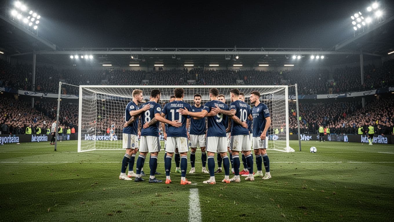 Eight RC Lens players crowd the penalty box in tense corner kick formation under stadium lights.