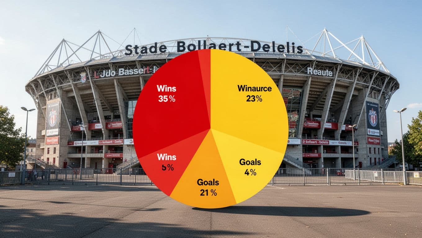 Pie chart displays RC Lens wins, goals scored, and clean sheets with Stade Bollaert-Delelis stadium in background.