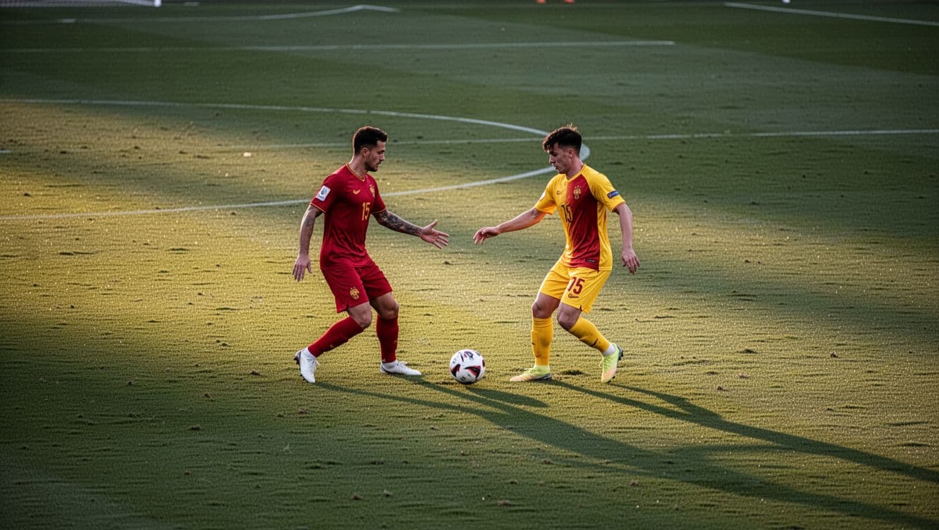 Two central RC Lens players pass soccer ball in midfield on green pitch under evening light.