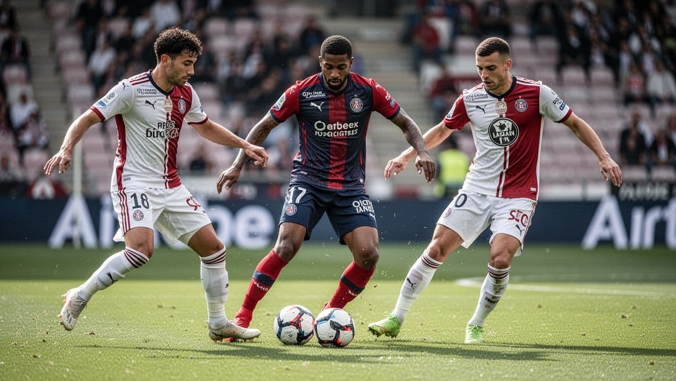 Three RC Lens midfielders pass the ball sharply on green pitch with blurred stadium stands.