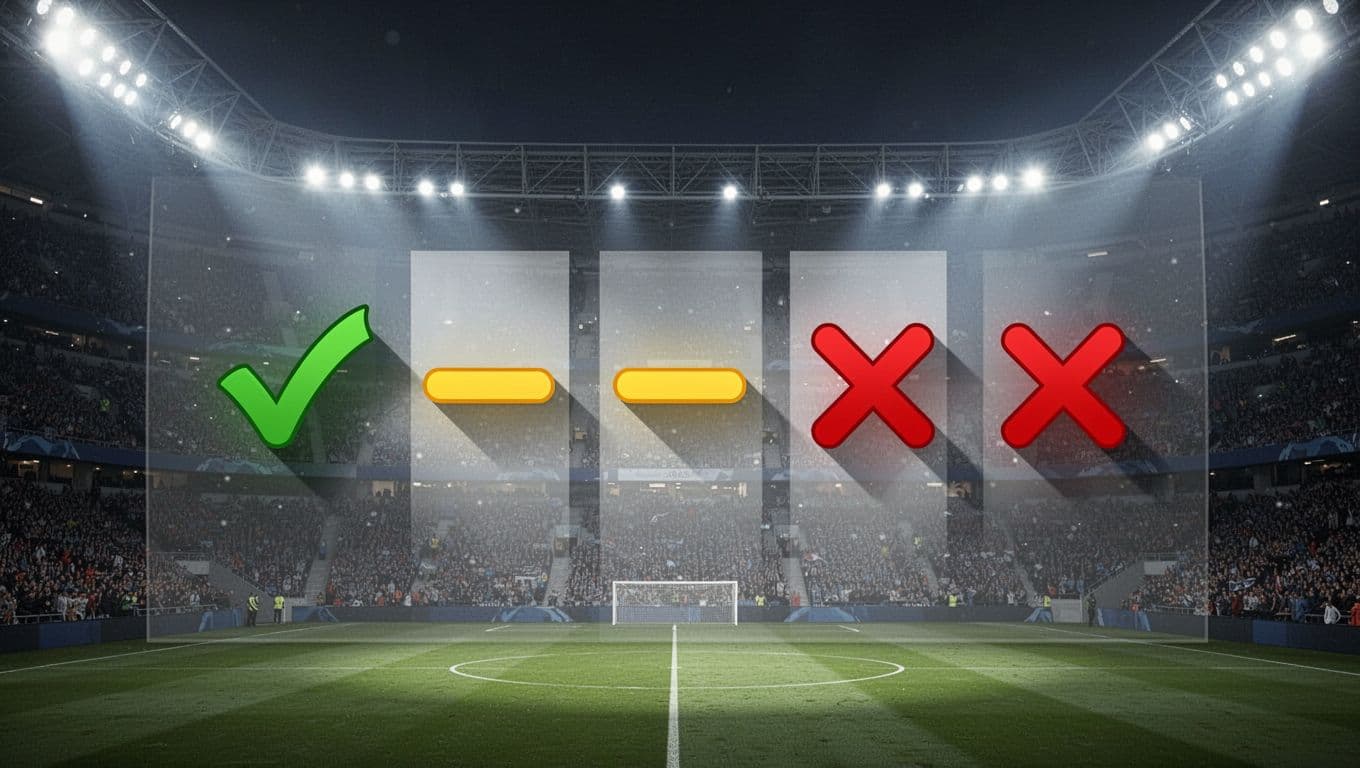 Five icons in a row show wins, draws, and losses for RC Lens on a stadium scoreboard background.