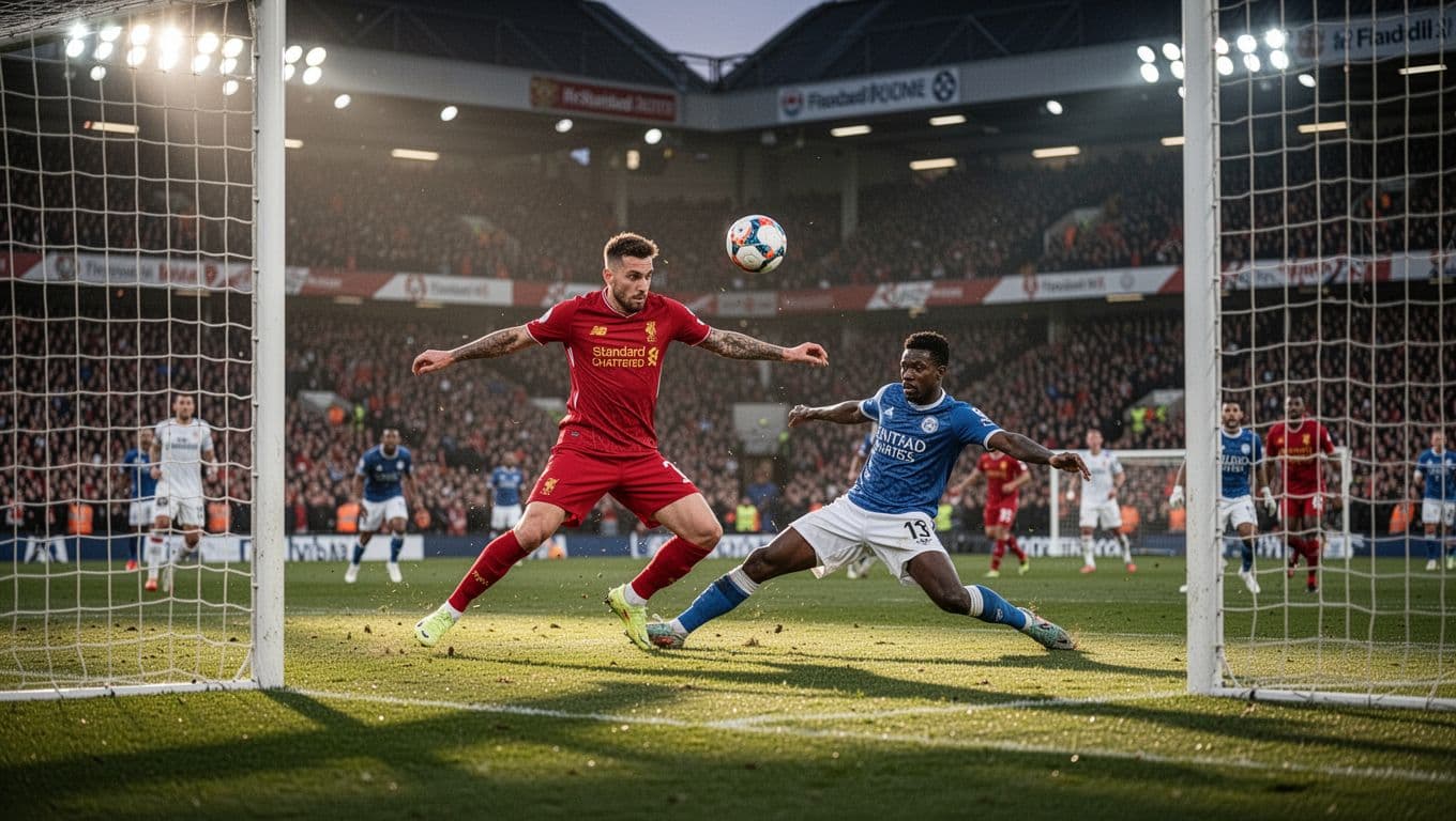 RC Lens striker in red jersey shoots at goal in crowded penalty box with lunging defender under floodlights at Stade Bollaert.