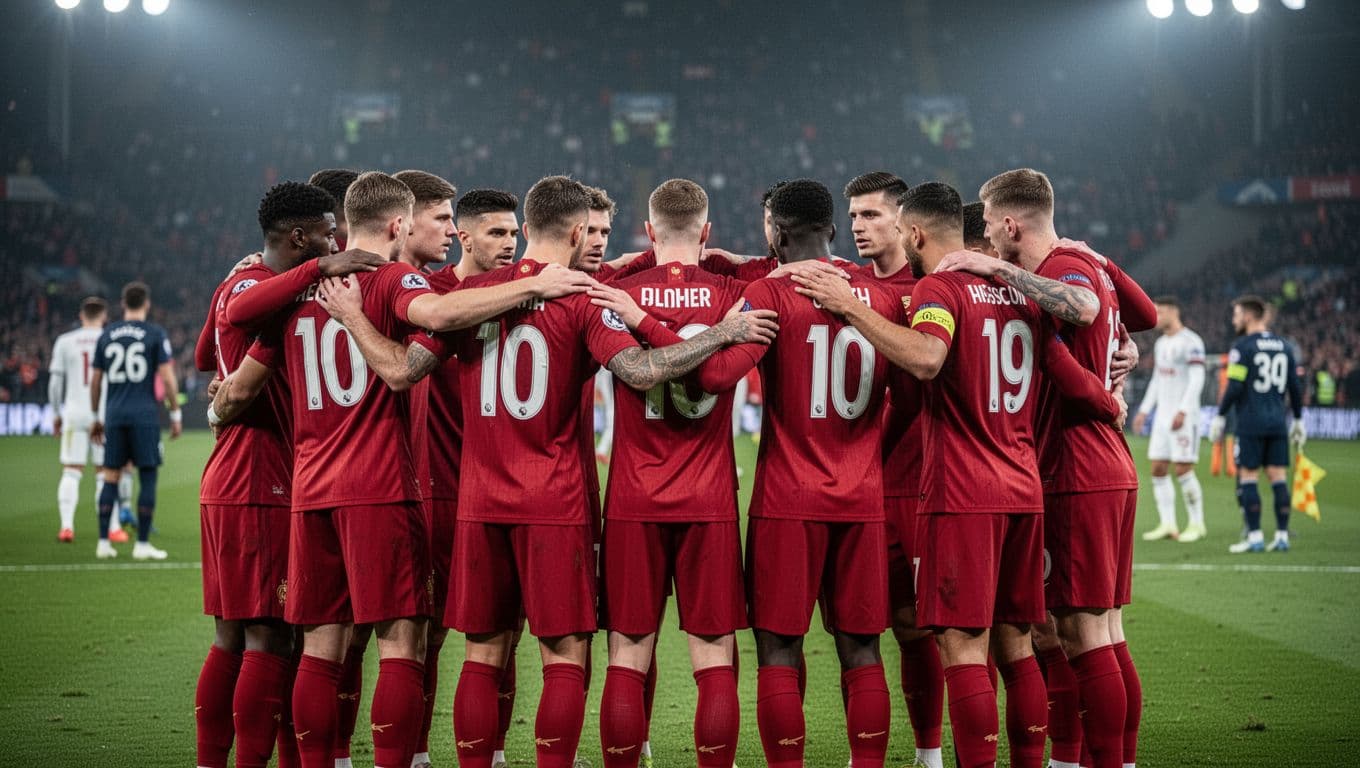 RCD Mallorca players in red kits huddle on green pitch during tense La Liga away match under stadium lights.
