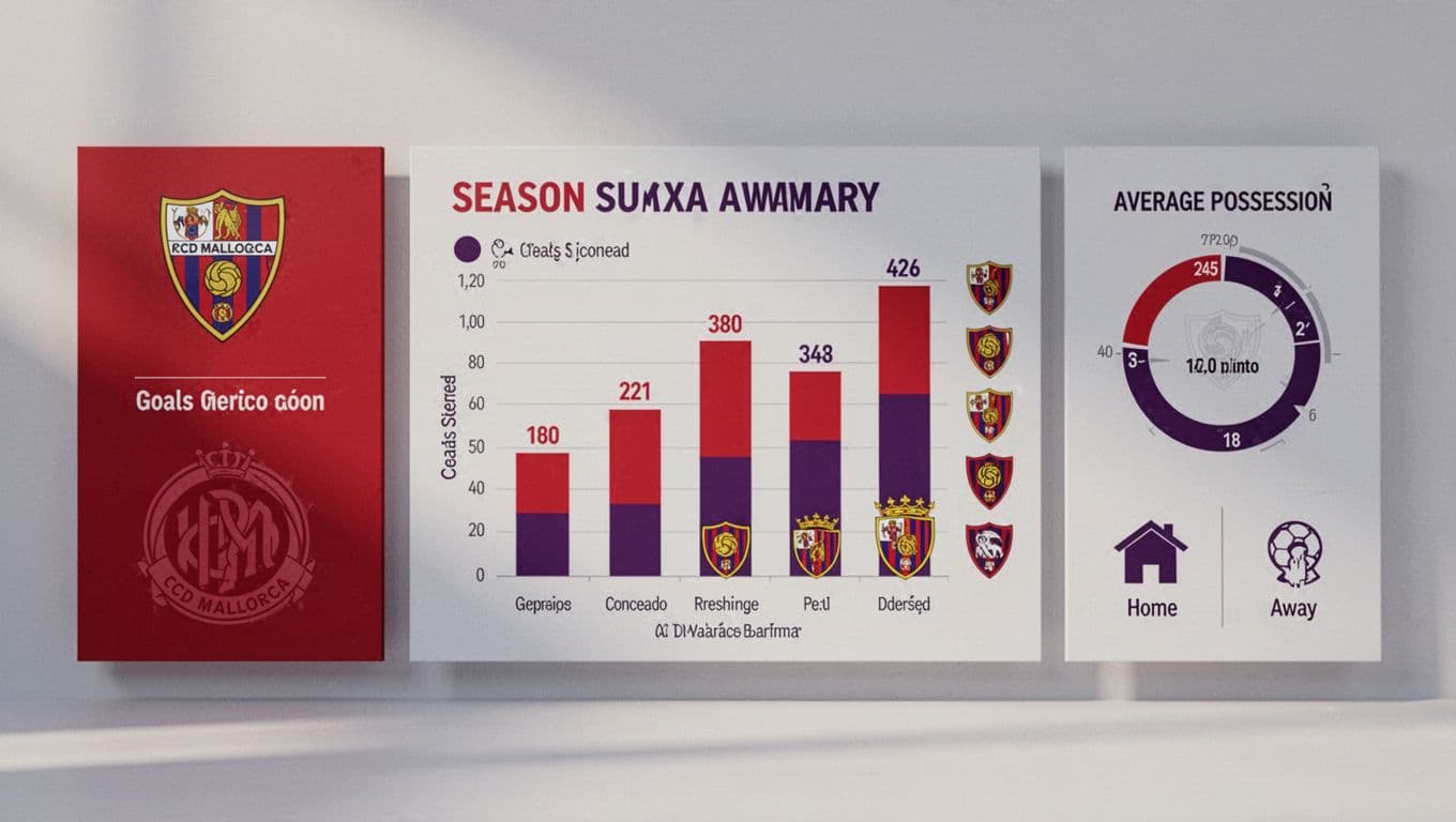 Infographic with charts showing goals scored, conceded, clean sheets, possession percentage, and home-away records in red and purple.
