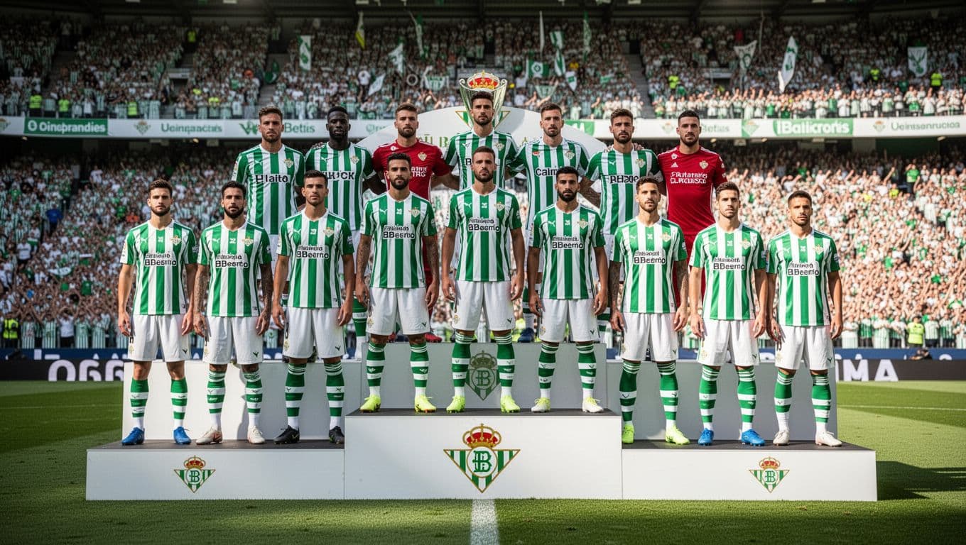 Eleven Real Betis players in green-white jerseys stand on fifth podium step, rivals above, excited stadium crowd below.