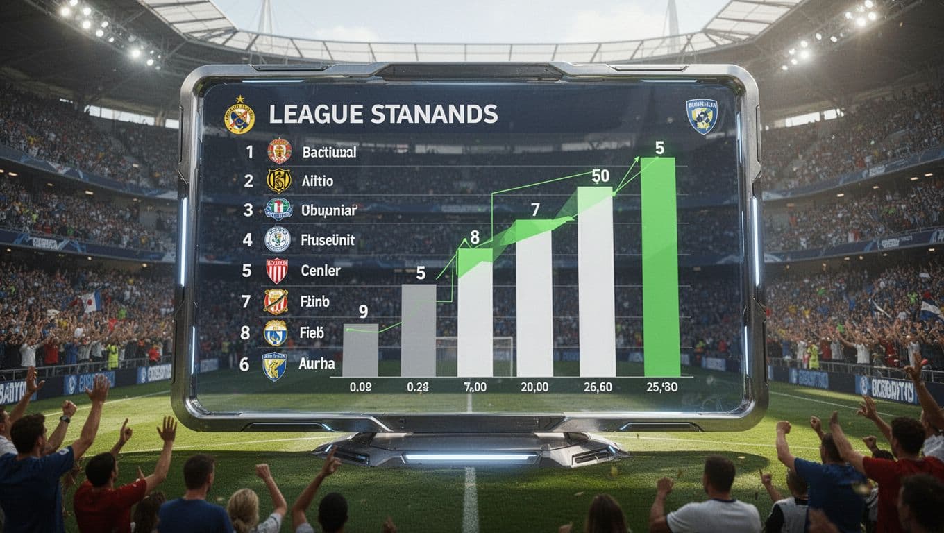 Futuristic digital chart projects Real Betis 5th in La Liga 2025/2026 standings on stadium background with fans.
