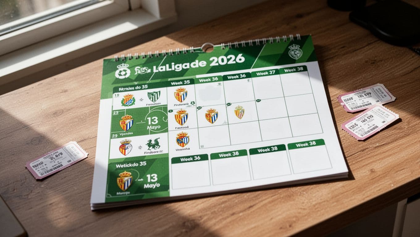 Compact green-white calendar on desk shows Real Betis La Liga 2026 fixtures from week 35 with empty slots and ticket stubs.