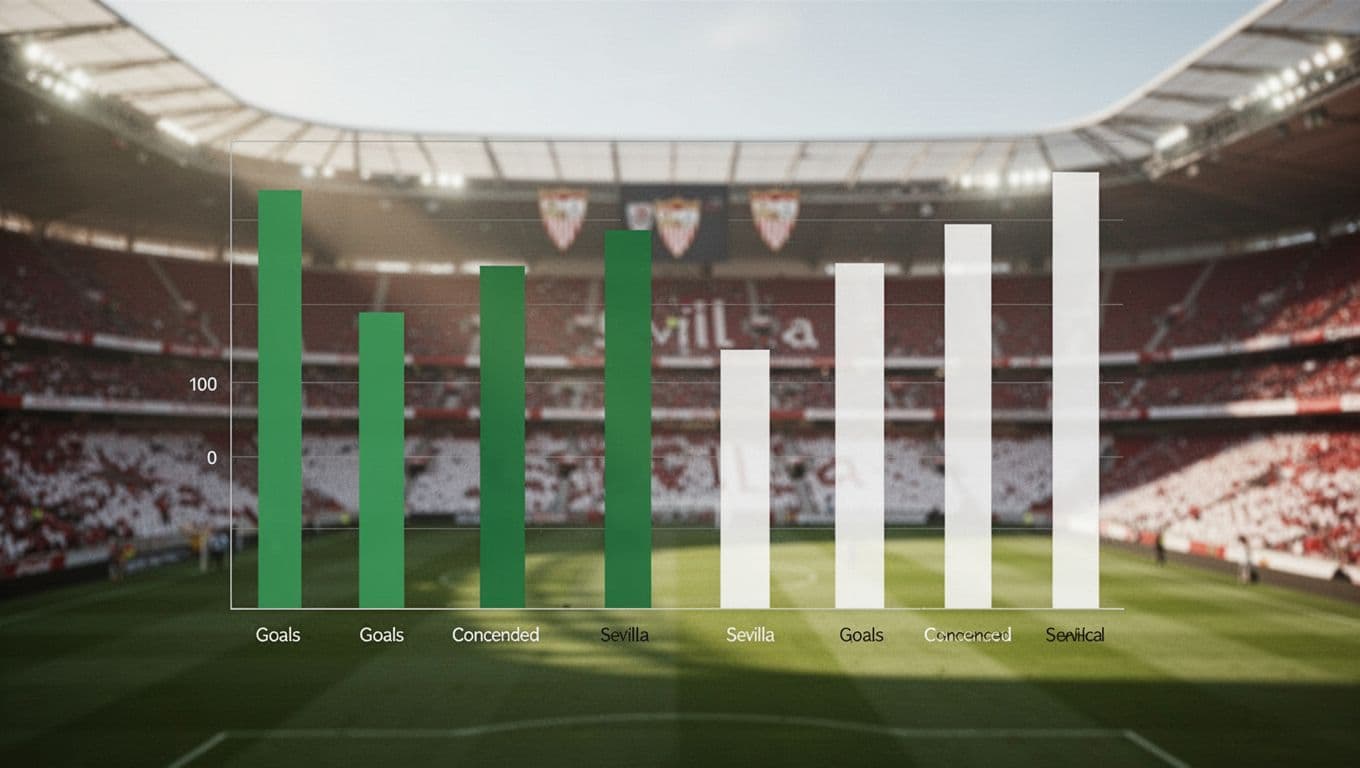 Green and white bar chart compares Real Betis goals scored and conceded in La Liga 2025/26 on Sevilla stadium background.