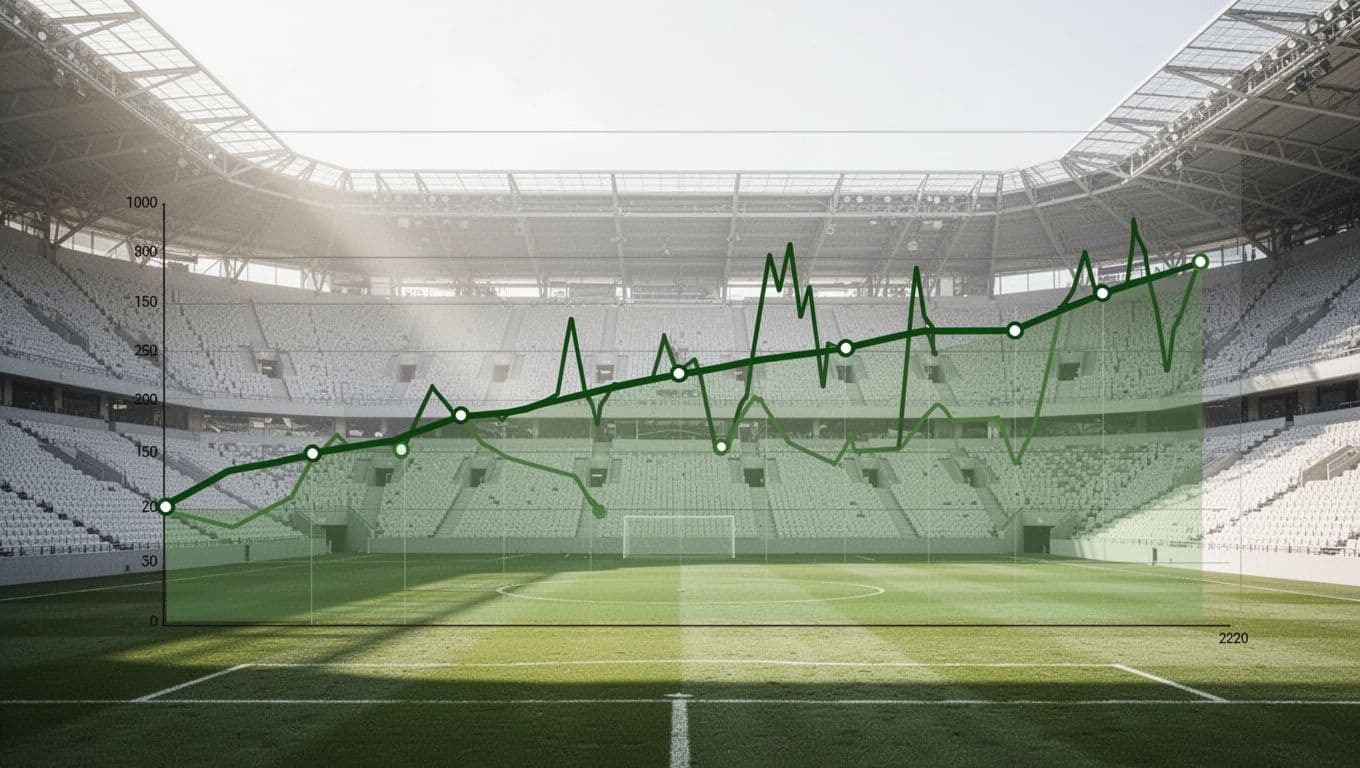 Line graph shows Real Betis' La Liga 2025/26 results with many draws, few wins, low losses in green-white on empty Benito Villamarin stadium background.