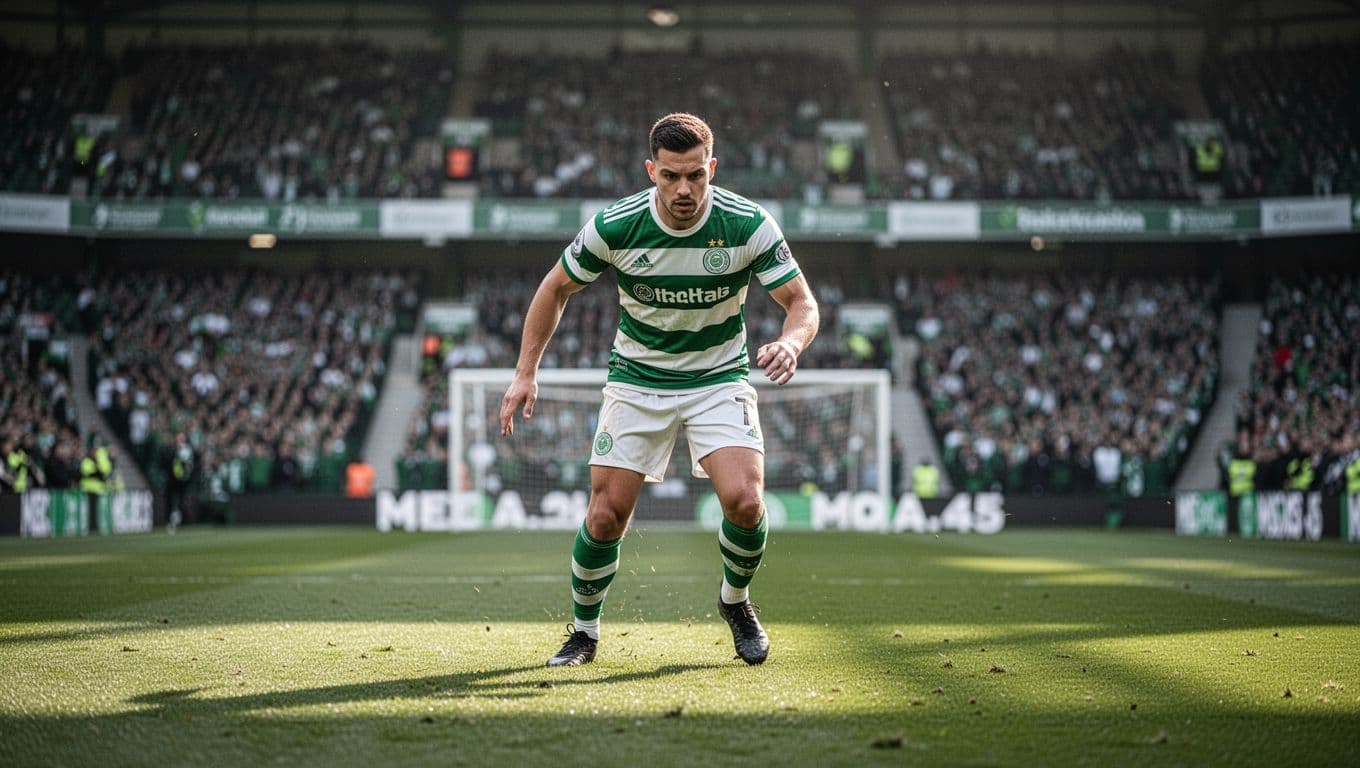 Football player in green-white striped jersey eyes tactical play in stadium final third.