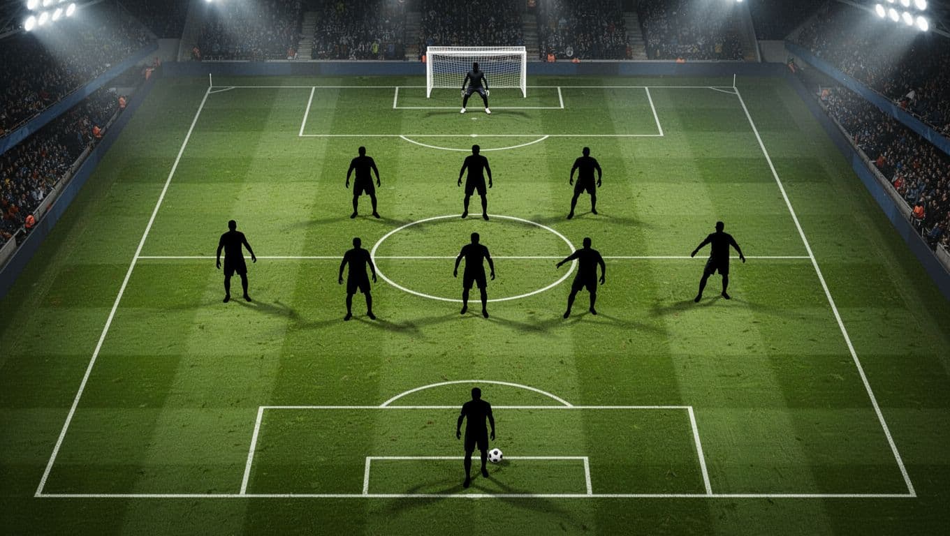Top-down view shows 11 player silhouettes in 4-2-3-1 formation on green pitch with white lines and stadium lights.