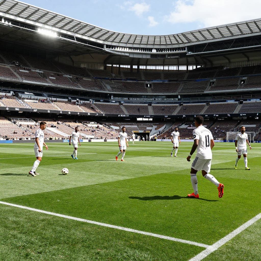 Players in white kits maneuver across a sunny green pitch during a professional football match.