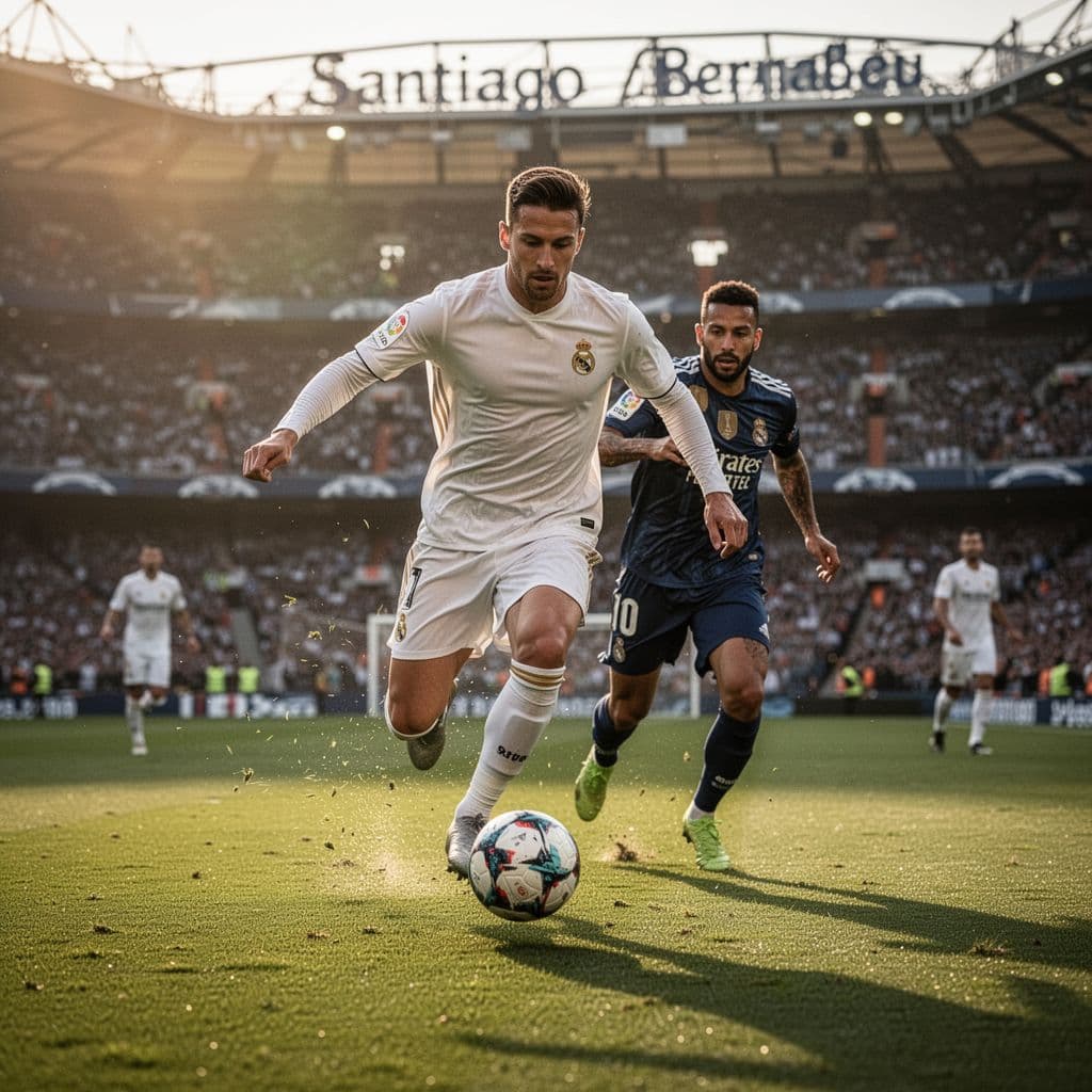 A Real Madrid striker in a white jersey dribbles past an Athletic Club defender at Santiago Bernabeu.