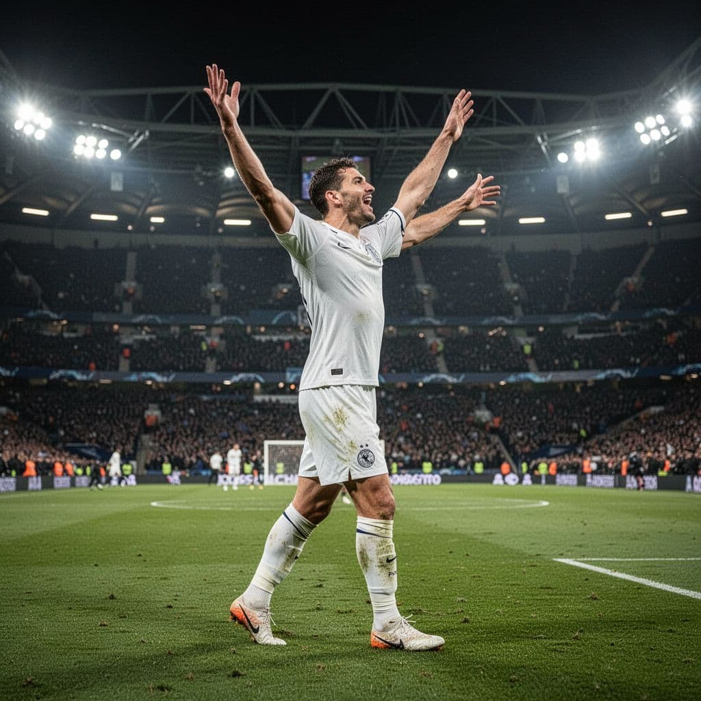 A football player in a white kit celebrates a goal on the pitch at Santiago Bernabeu stadium.
