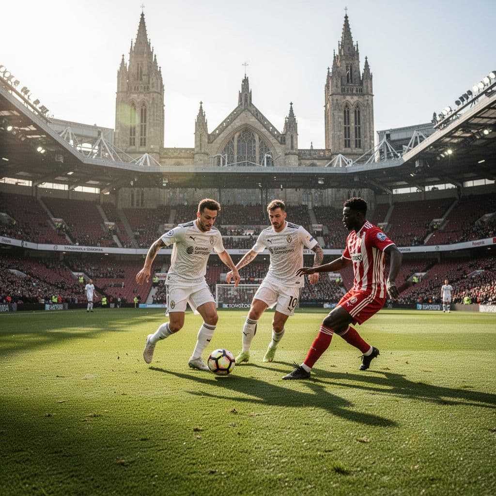 Two Real Madrid players in white kits maneuver the ball past an Athletic Club defender at Santiago Bernabeu.