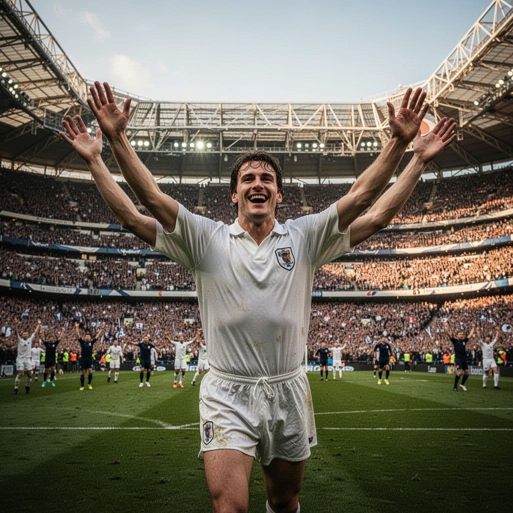 A Real Madrid player in a white kit celebrates a goal before a crowded Santiago Bernabeu stadium.