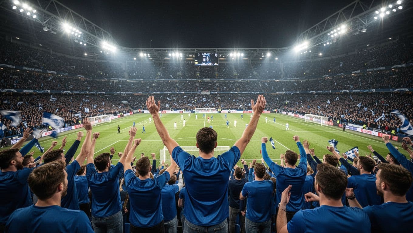 Estadio Carlos Tartiere packed with Real Oviedo fans in blue jerseys cheering during night La Liga match.