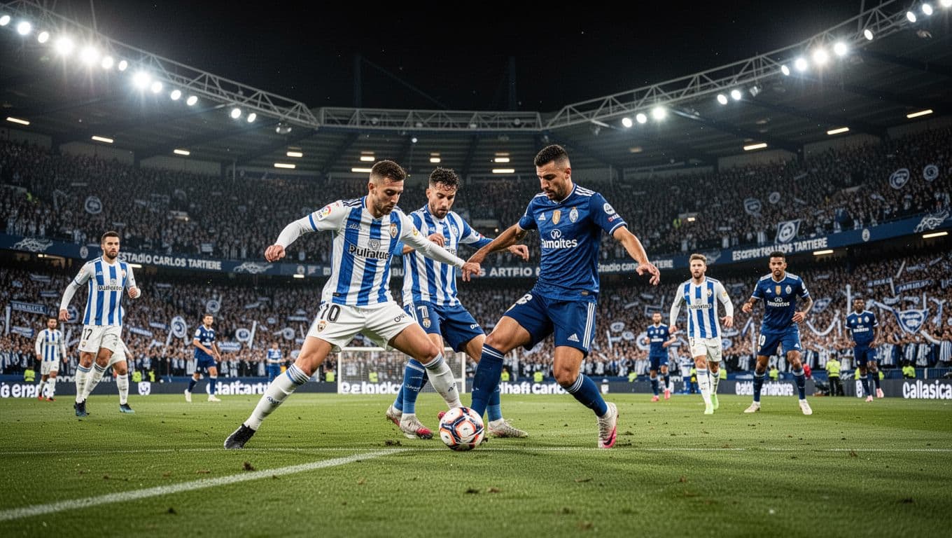 Real Oviedo and Getafe players contest midfield at Estadio Carlos Tartiere, packed blue-white stands cheering under evening lights.