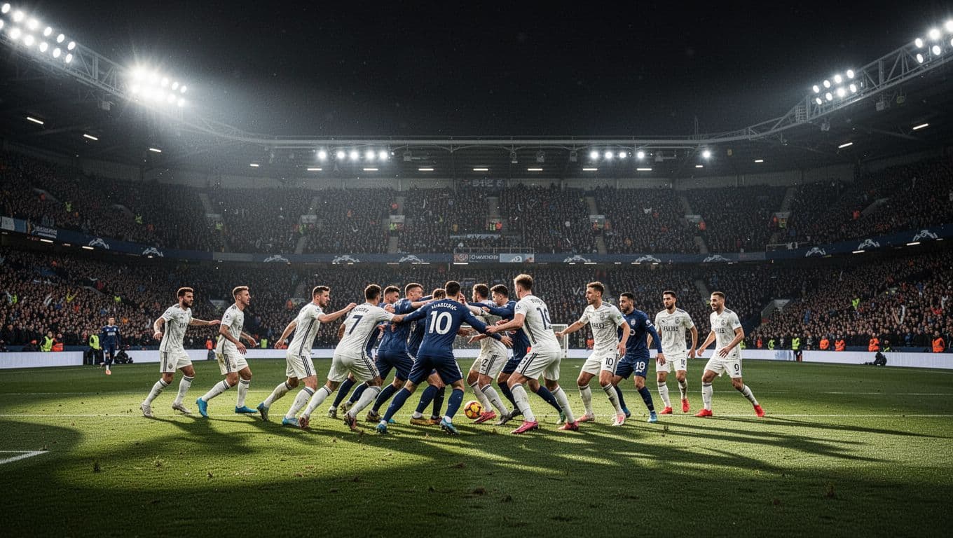 Real Sociedad and Real Betis players collide for ball in penalty box during night match at Reale Arena, fans cheer under bright lights.