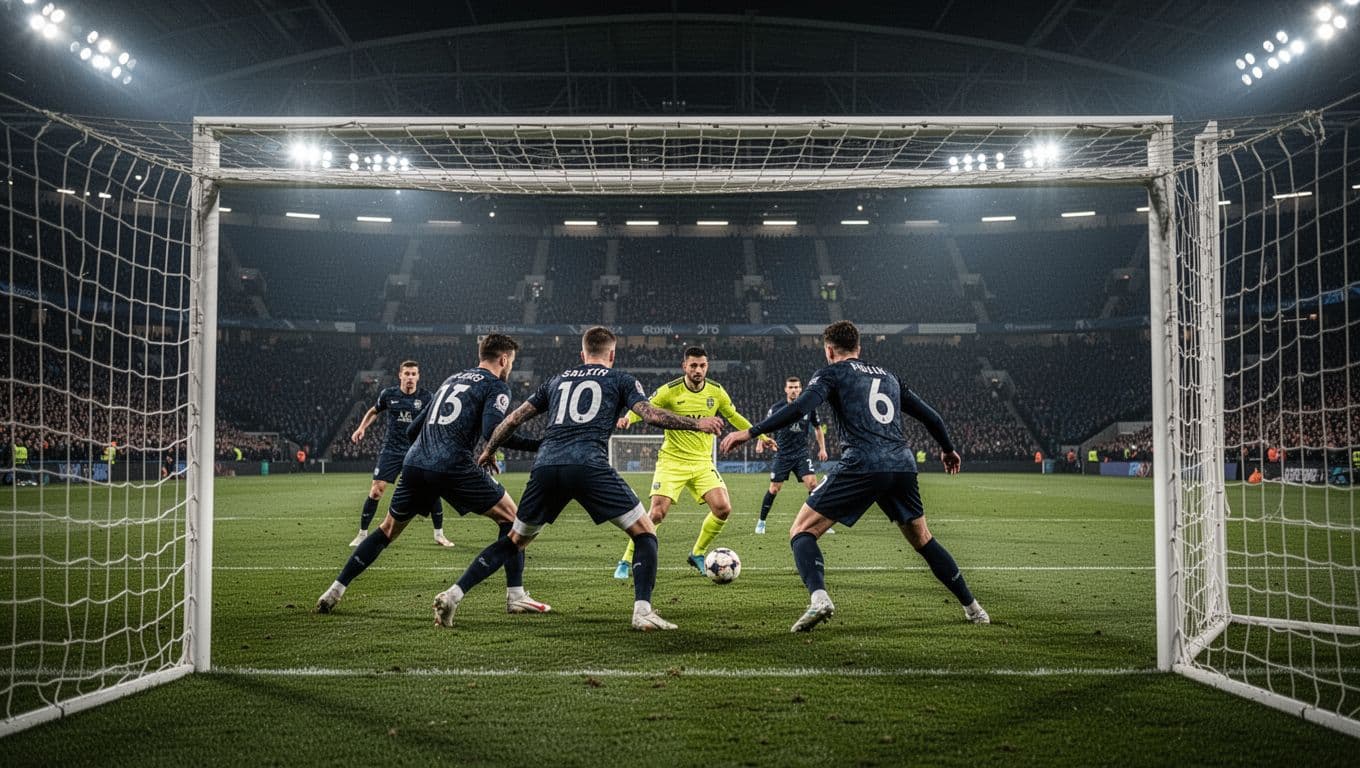 Four Real Sociedad defenders in tight formation block a shot from one opposing forward in the penalty area under stadium night lights.