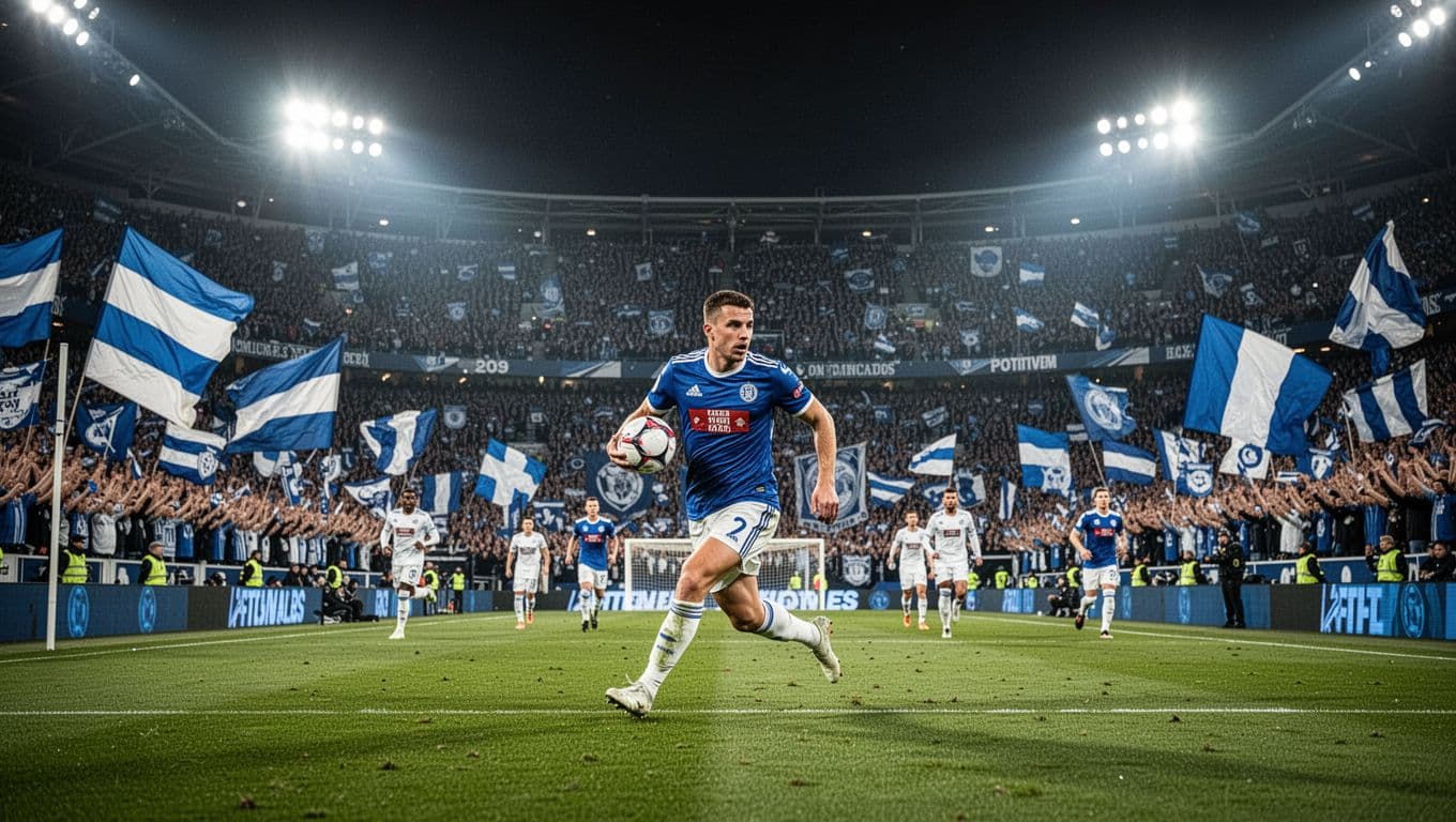 Packed Reale Arena stadium at night with cheering fans waving blue and white flags, one player in action on the pitch.