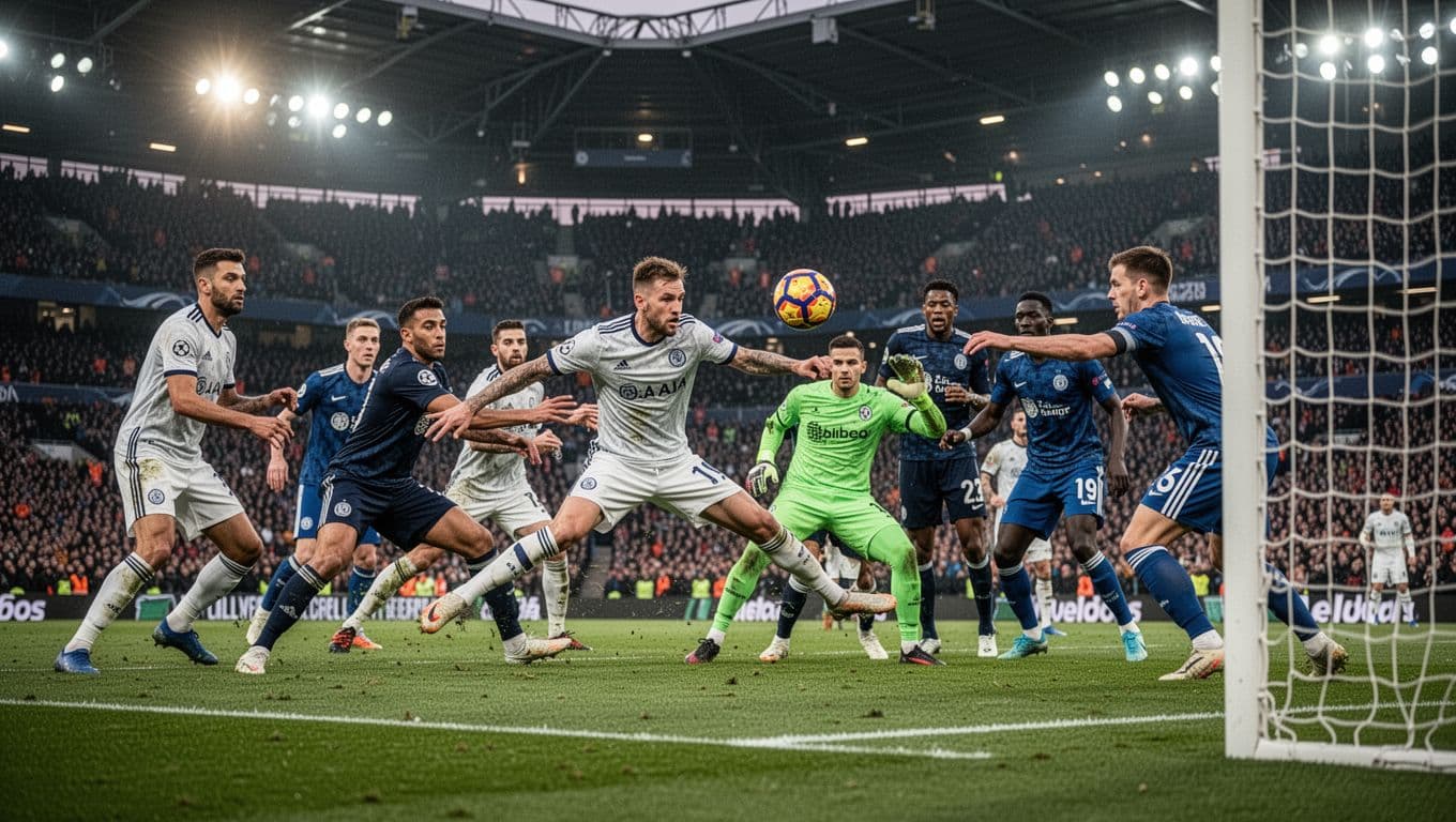Real Sociedad forward misses close-range shot in crowded penalty area as defenders block and goalkeeper dives.