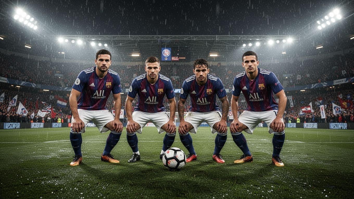 Four Real Sociedad players defend tensely on rainy away pitch with rival fans in stands.