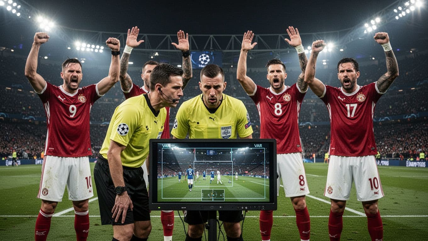 Referee views VAR screen as four players from both teams protest in night stadium background.