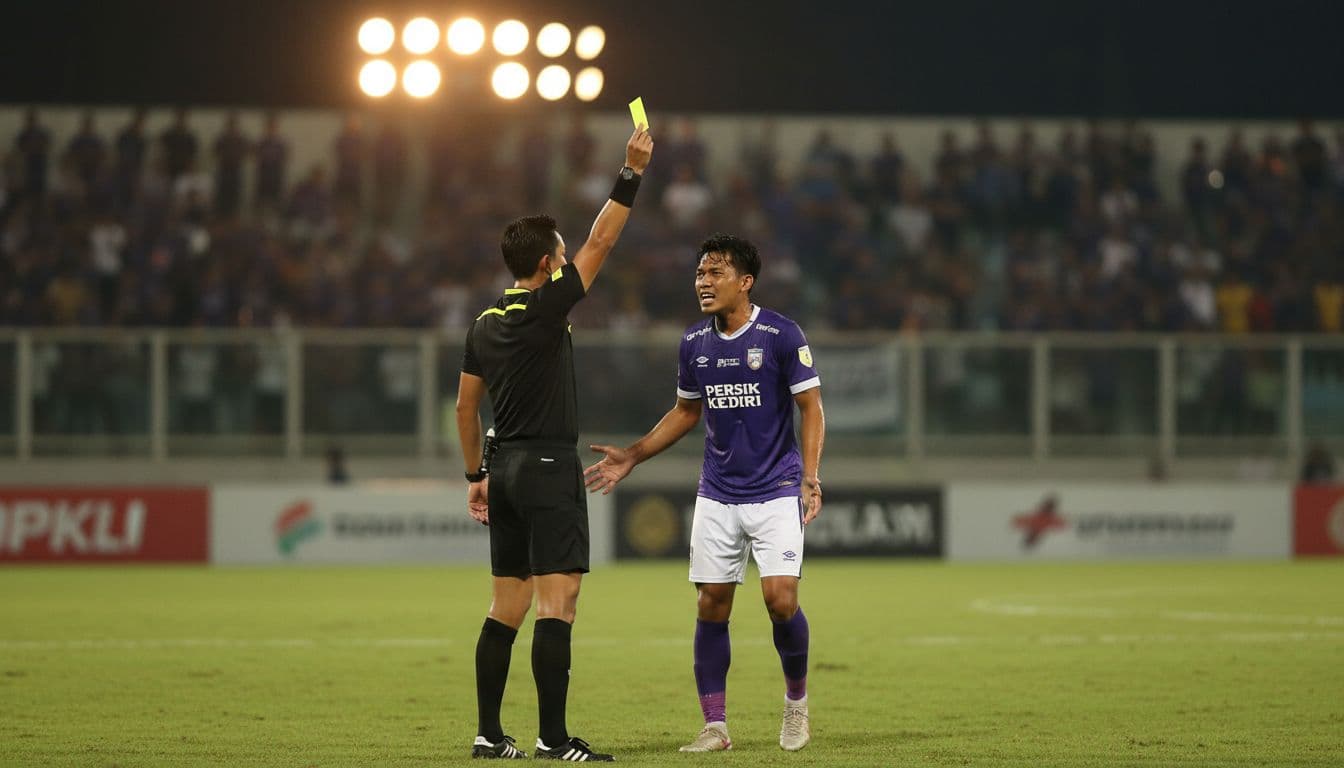 Referee holds yellow card toward Persik Kediri player on green field, blurred crowd and stadium lights in background.