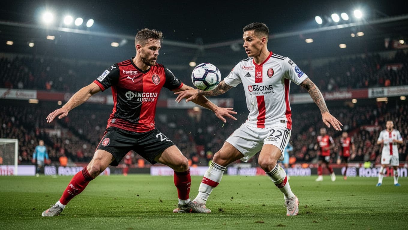 Rennes defender blocks opponent's shot in close-up nighttime duel on green pitch with crowd background.