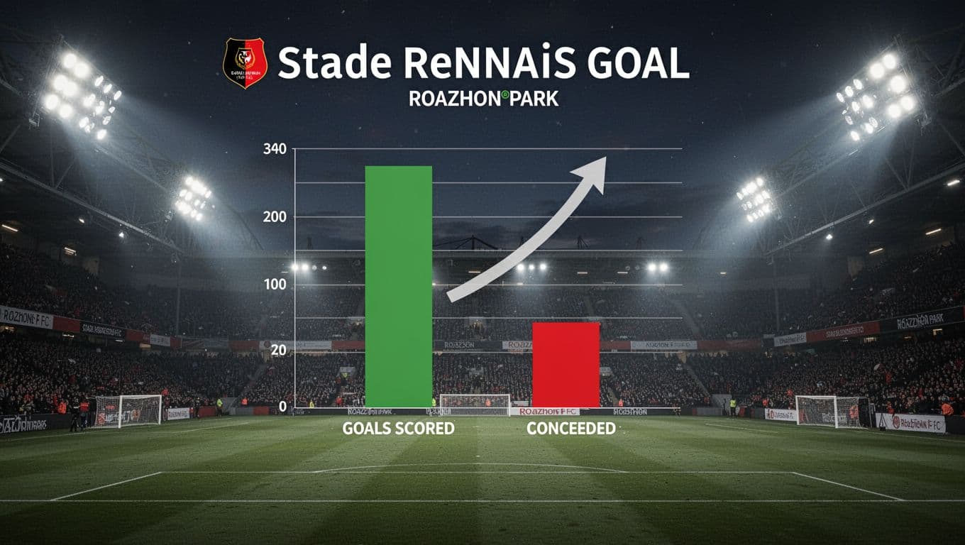 Bar chart displays 38 goals scored in green, 30 conceded in red, +8 difference arrow, set against Roazhon Park stadium at night.