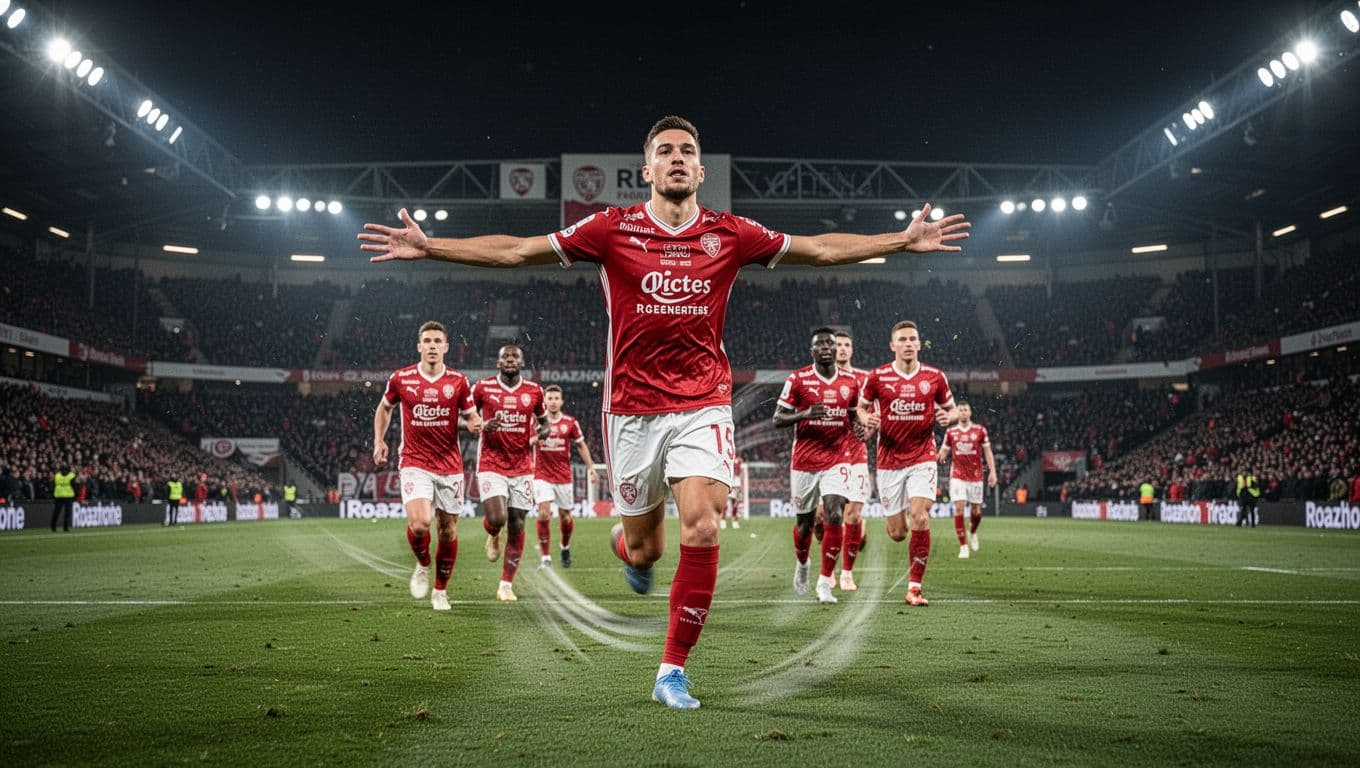 Midfielder runs arms outstretched toward four cheering teammates on green pitch under floodlights at Roazhon Park.